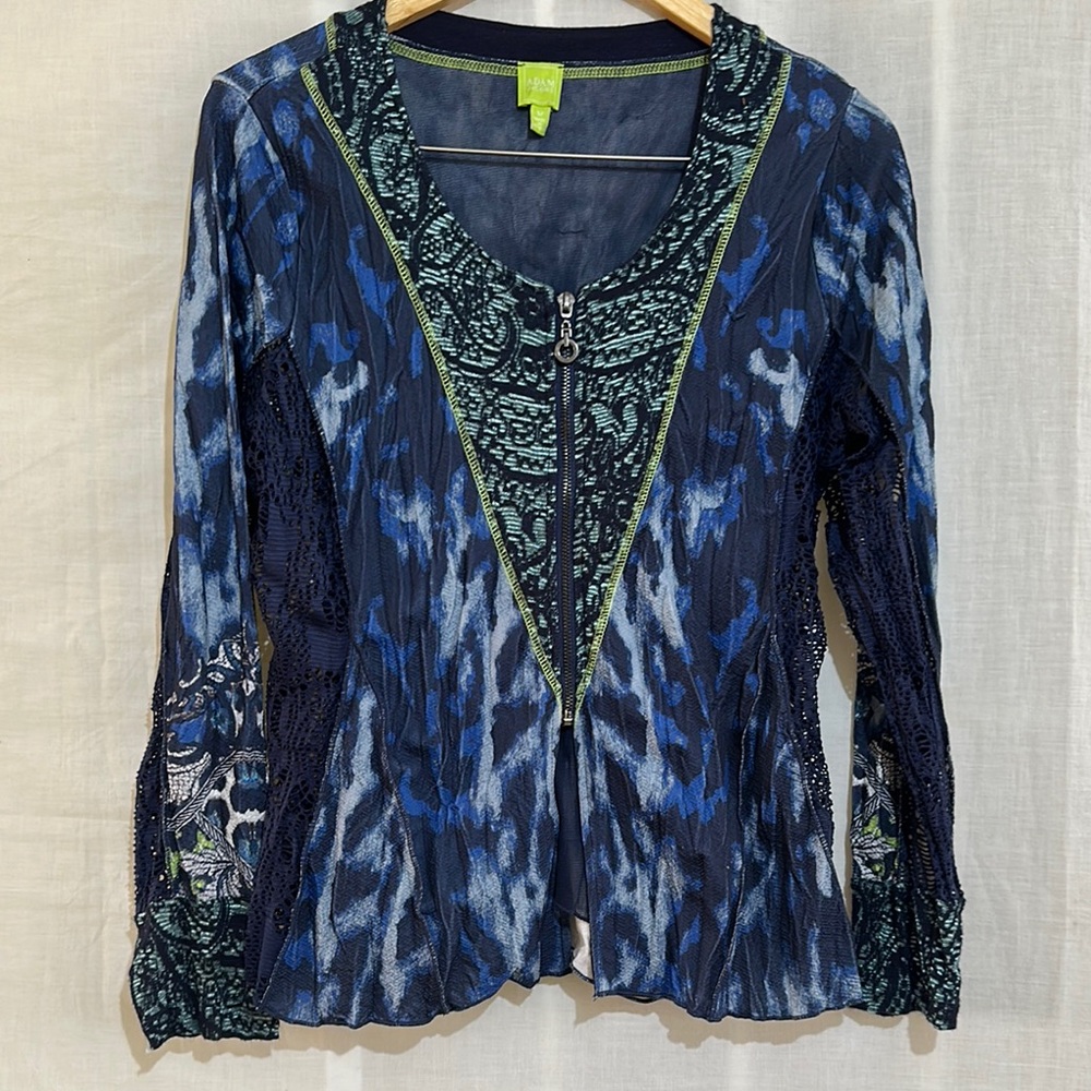 Adam Jacobs Boho Zip Front Blouse Medium Blue Green Lace Detail